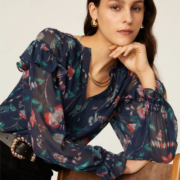 Derek Lam Collective Blue Floral Ruffle Blouse Womens Size 38/US 8 Medium - Picture 1 of 11